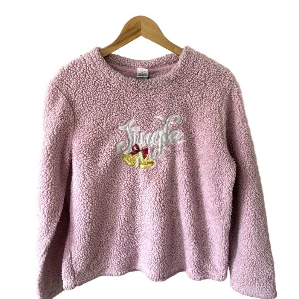 Pink Fleece Sweater with Jingle Bells Embroidery and Holiday pants